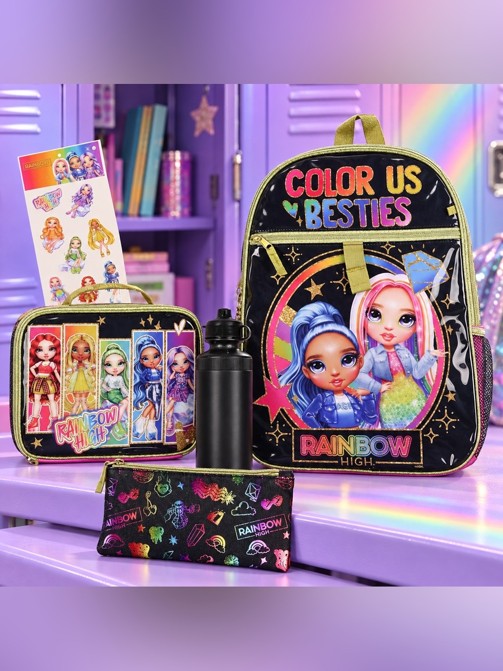 Rainbow Color Us Besties Kids Backpack Set - Black & Gold Rainbow Accents